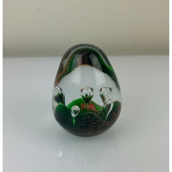 Art Glass Egg Shaped Paperweight Green Orange Controlled Bubble Office Decor - Picture 2 of 9